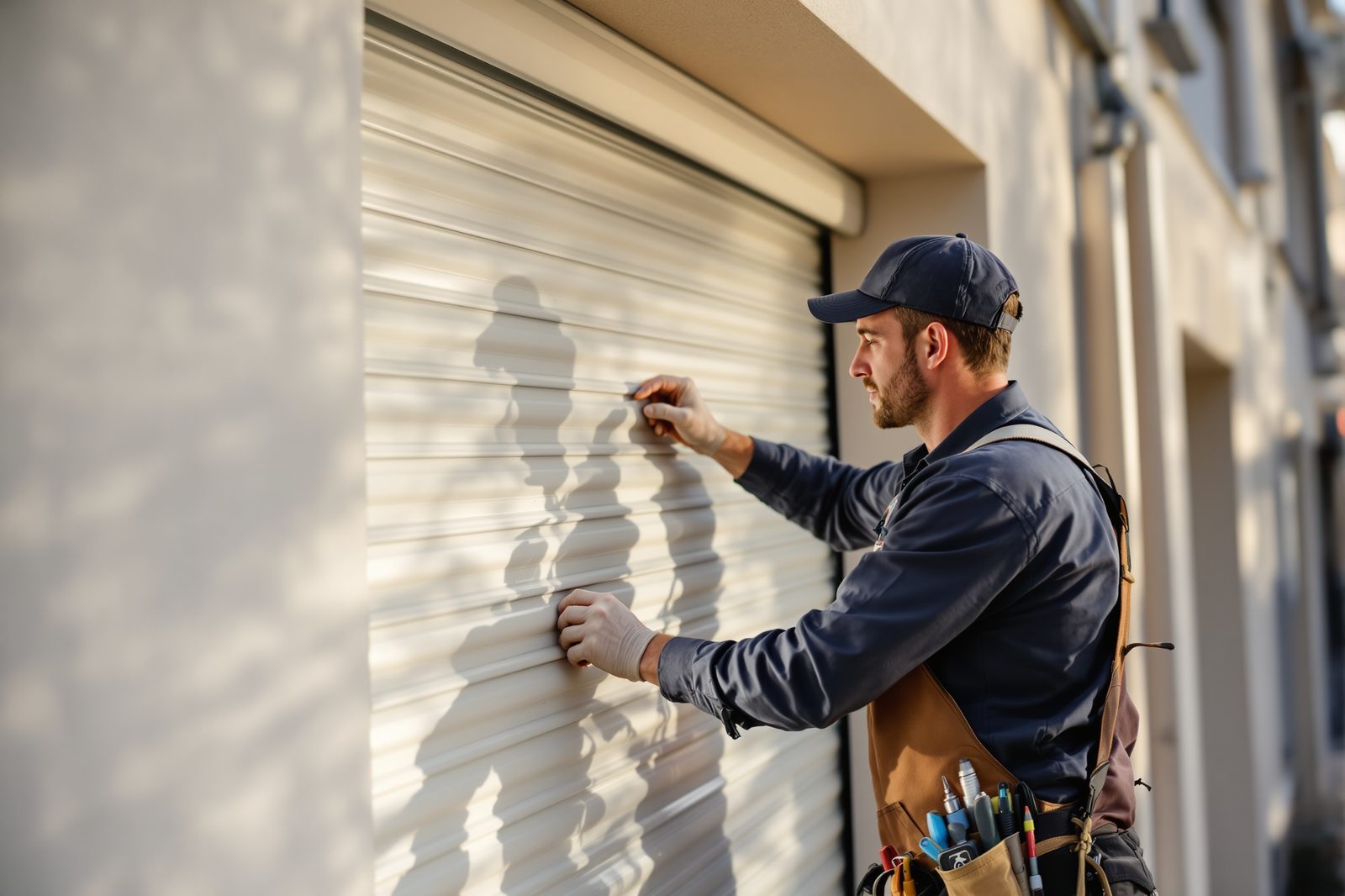 Technicien réparant un volet roulant sur une façade lyonnaise